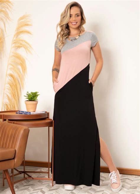 Vestido Longo Mescla Rosa E Preto Bolsos Quintess