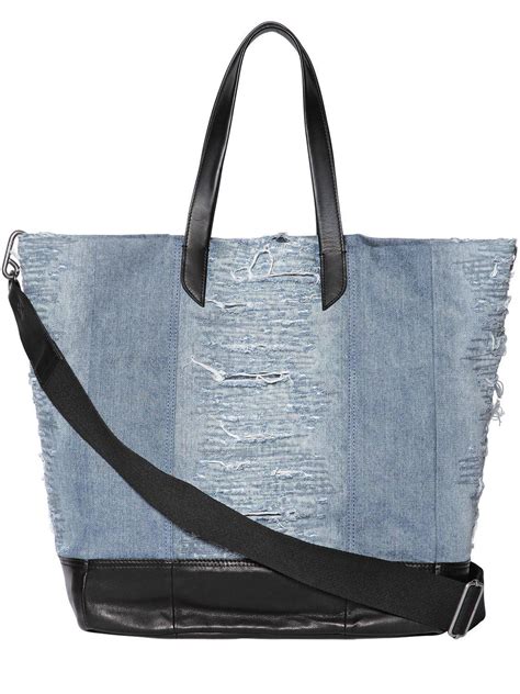 Diesel Ripped Denim Tote Bag W Leather Details In Blue Lyst