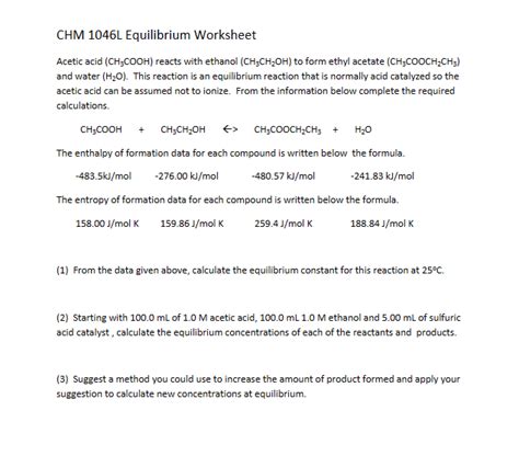 Solved Chm 1046l Equilibrium Worksheet Acetic Acid Ch3cooh