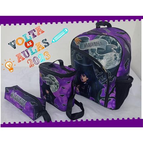 Mochila Infantil Kit Escolar Da Wandinha 3 Pecas De Menina Mochila