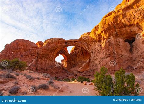 Dual Arches At Arches National Park Moab Utah Usa Stock Photo