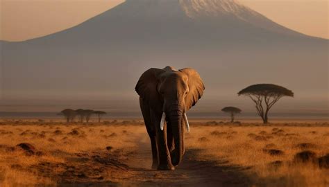 Majestic Elephant In African Savannah At Sunset Tusk And Trunk