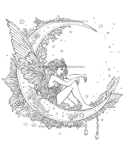 Fantasy Fairy Printable Adult Coloring Book Page Ornate Crescent Moon Etsy