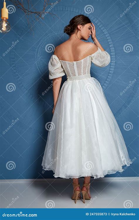 Sexy Mooie Brunette Vrouw Behoorlijk Bruid Trouwfeest Op Grote Dag In Zomertuin Met Lange Zijde