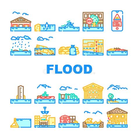 Flood Water Disaster Storm Icons Set Vector Stock Illustration