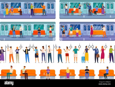 People Inside Subway Icons Set Cartoon Vector Transport Travel Social