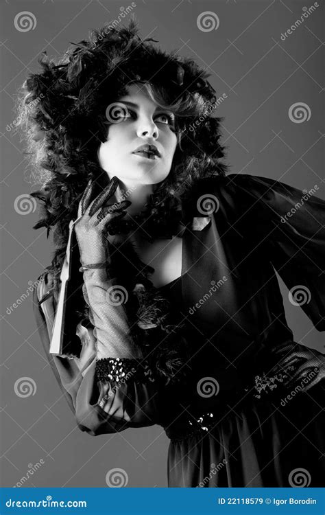 Woman in Old Fashioned Dress, in Black & White Stock Image - Image of ...