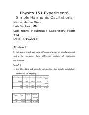 Physics 151 Experiment6 Simple Harmonic Oscillations Docx Physics 151