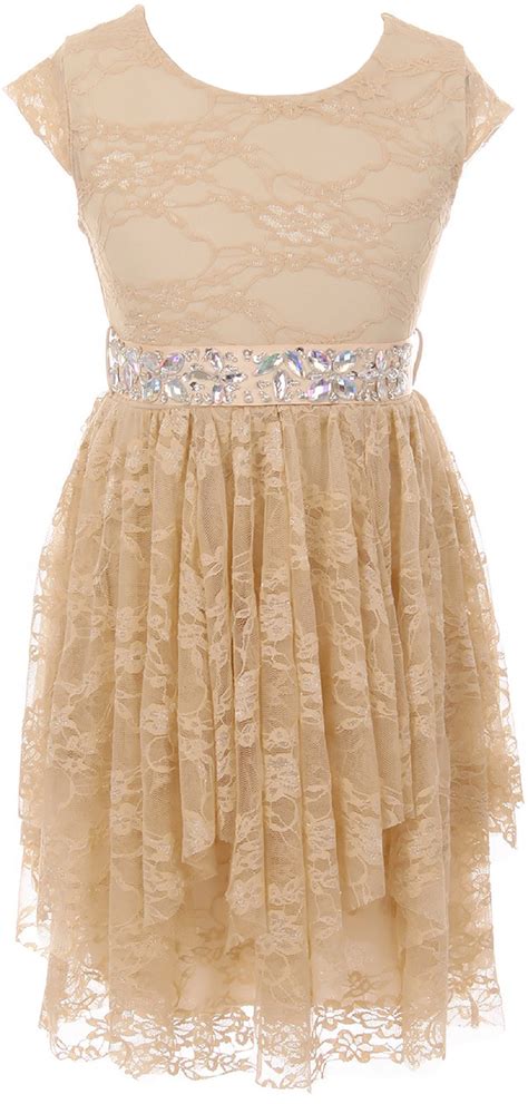 Big Girls Cap Sleeve Girls Dress Floral Lace Rhinestones Waistband