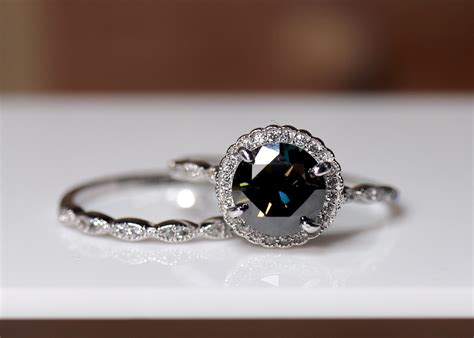 Black Moissanite Ring Silver Engagement Style Halo Bridal Set White