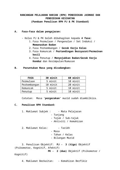 DOC Panduan Penulisan RPH PJ Dan PK Standard DOKUMEN TIPS