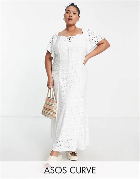 Asos Design Curve Broderie Flutter Sleeve Ruched Front Midi Dress In