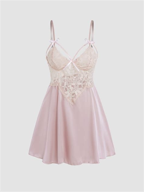 Satin Bow Floral Lace Ruffle Slip Mini Nightdress For Home