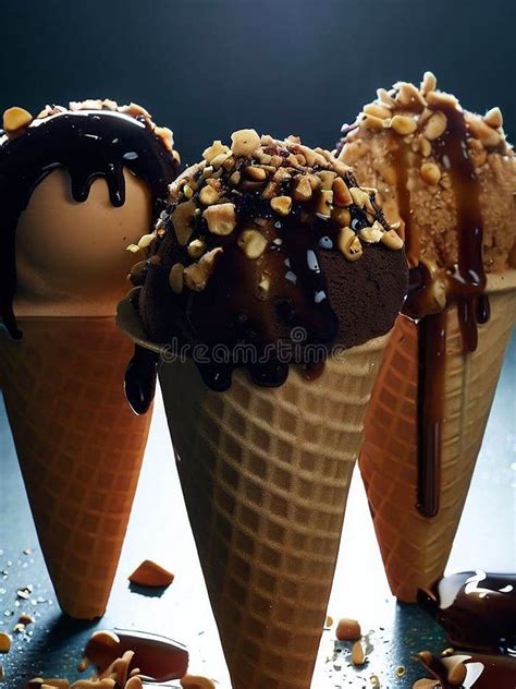 Delicious Ice Cream Cones With Toppings And Sprinkles Stock Photo