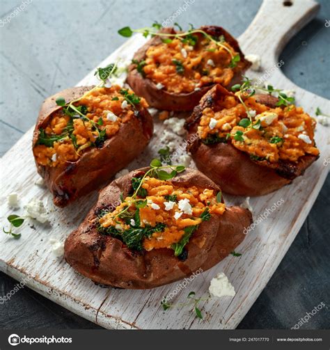 Roast Sweet Potato Stuffed With Feta Cheese And Kale Healthy Food