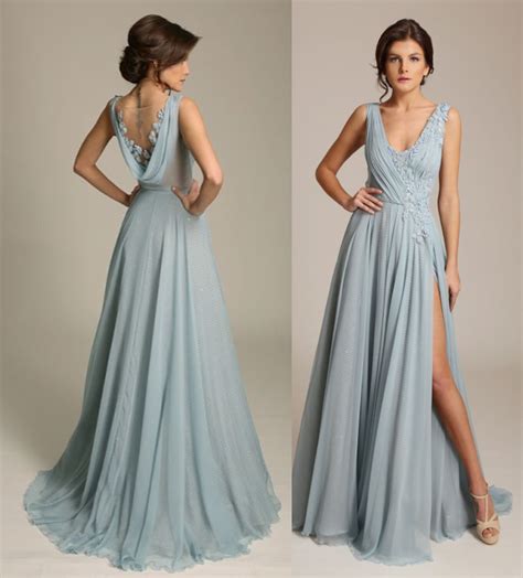 Dusty Blue V Neck Chiffon Evening Gown With Side Split Sexy Cowl Back