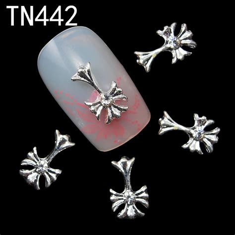 10pcs Silver Glitter 3d Cross Nail Art Decorations With Rhinestones