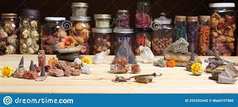 Meditation Altar With Rock Crystals And Flowers Jars Of Herbs In