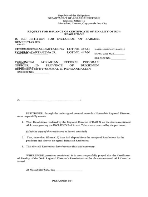 Request For Certificate Of Finality Baungon Pdf