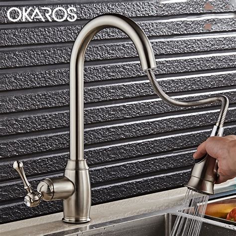 OKAROS Kitchen Brass Faucet Nickle Brushed Drinking Pull Out Down Water