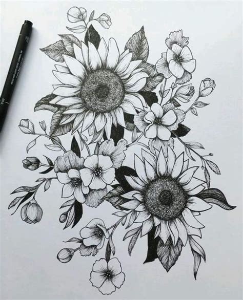 rose-drawing-easy-sunflowers-intertwined-with-other-flowers-black-and ...