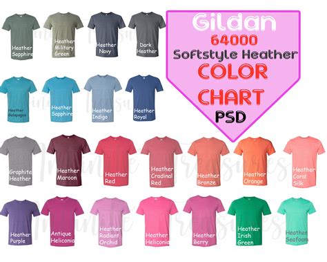 Gildan 64000 Color Chart Psd Softstyle Heather T Shirt Etsy