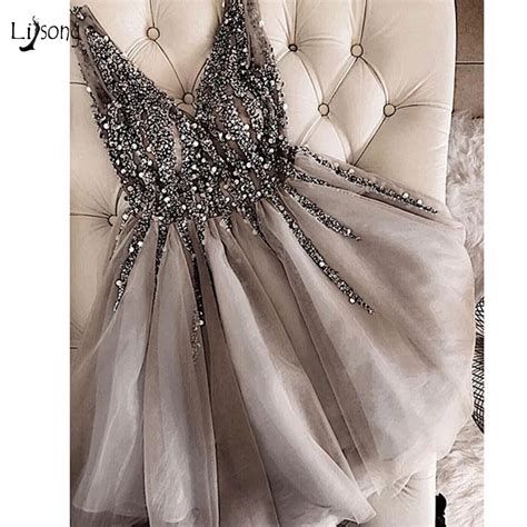 Sparkle Crystal Beaded Short Cocktail Dresses Gray Homecoming Dress