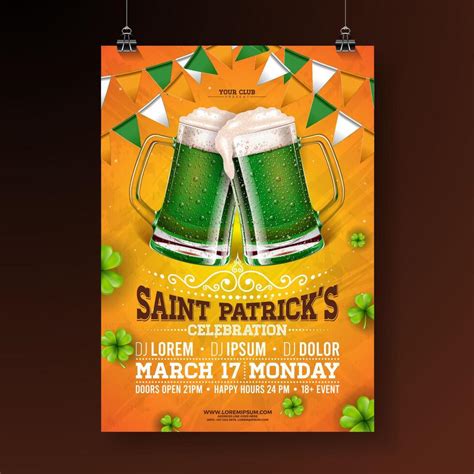 Saint Patricks Day Party Flyer Illustration With Green Beer Flag And Clover On Orange