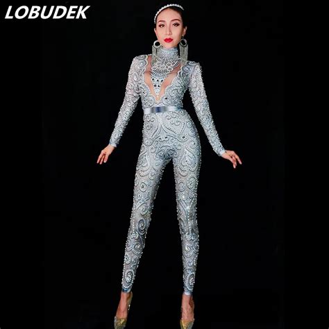 Silvery Gray Rhinestones Pearls Jumpsuit Sexy Stretch Bling Crystals Bodysuit Bar Female Singer