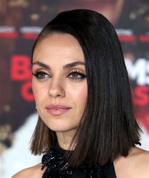 Mila Kunis Medium Straight Black Bob Haircut with Side Swept Bangs