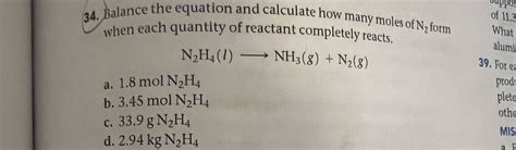 34 Balance The Equation And Calculate How Many Moles Chegg