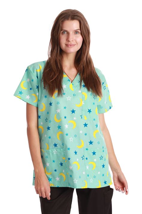 Just Love Womens Medical V Neck Scrub Tops Aqua Moon And Stars X