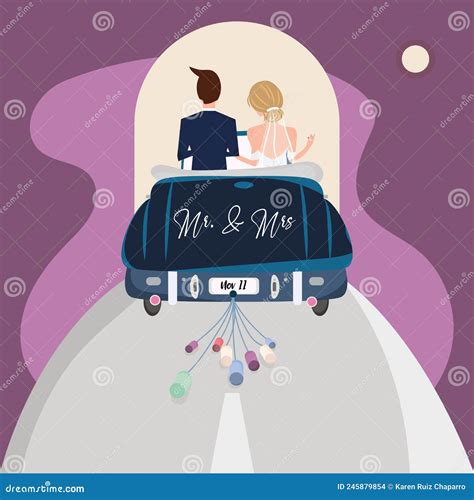 Married Couple On A Car Wedding Colored Template Vector Stock Vector