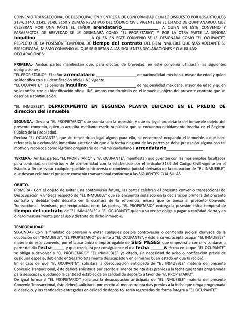 Contrato Arrendamiento Editable Convenio Transaccional De