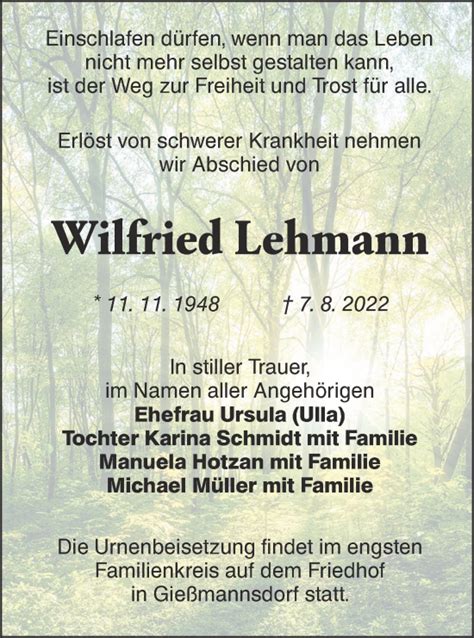 Traueranzeigen Von Wilfried Lehmann Lr Online Trauer De