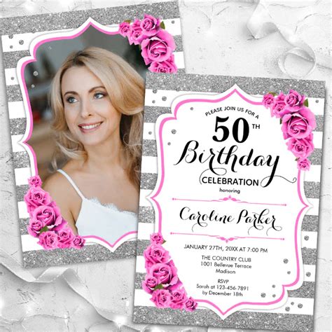 Floral Silver White Pink Photo 50th Birthday Invitation Zazzle