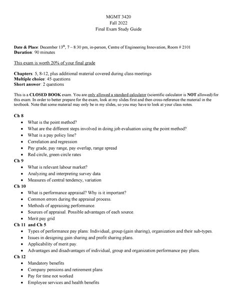 Final Exam Study Guide F2022 MGMT 3420 Fall 2022 Final Exam Study