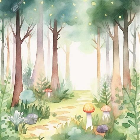 Premium Photo | A watercolor painting of a forest scene with mushrooms and a forest floor. in ...