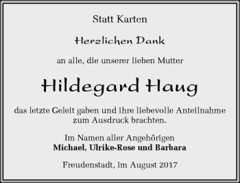 Traueranzeigen von Hildegard Haug Schwarzwälder Bote Trauer