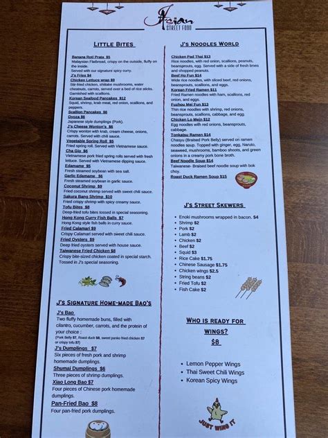 Menu At Js Asian Street Food Restaurant Tallahassee