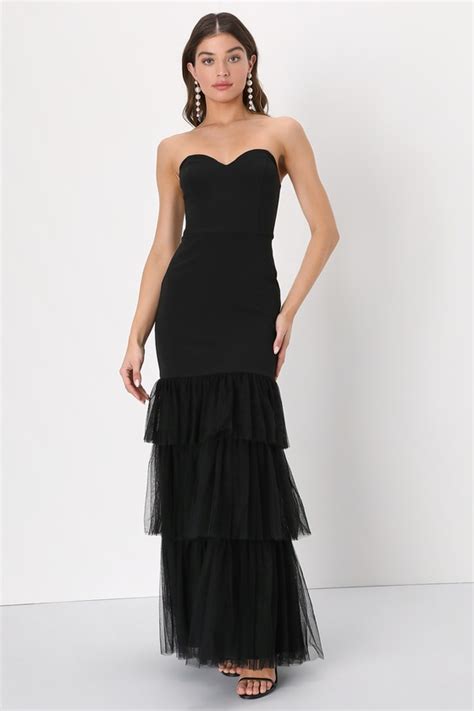 Black Trumpet Dress - Black Tulle Prom Dress - Tiered Dress - Lulus