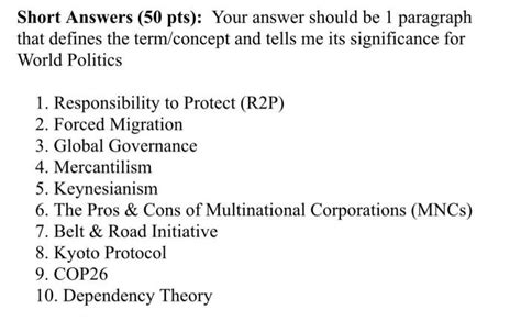 Short Answers (50 pts): Your answer should be 1 | Chegg.com