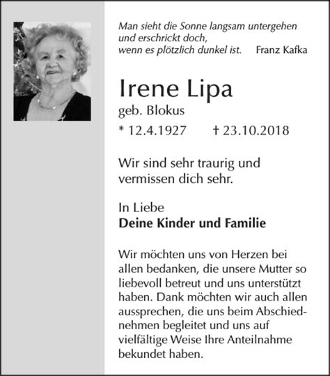 Traueranzeigen Von Irene Lipa Aachen Gedenkt