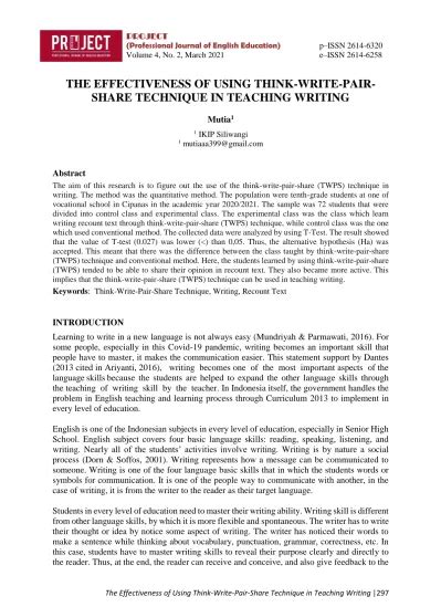 The Effectiveness Of Using Think Write Pair Share Technique In Teaching