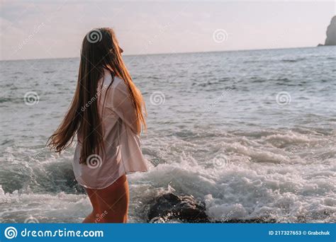 Selective Focus Happy Carefree Sensual Woman With Long Hair In Black