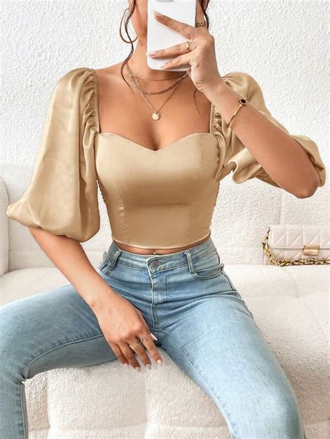 Shein Privé Camisa Crop Escote Corazón De Manga Farol Moda De Mujer