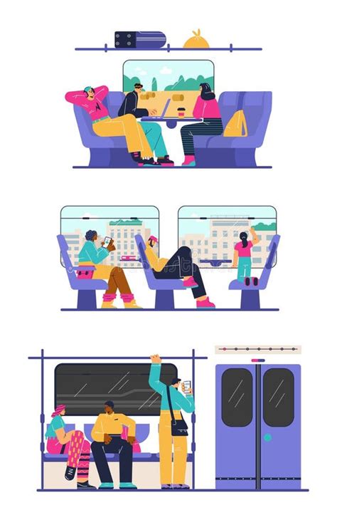 Vector Set Of Banners People Are Sitting Inside Subway Train On