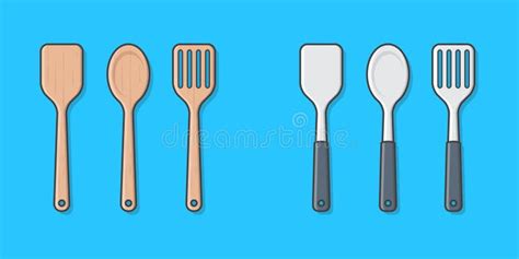 Set Of Wooden And Stainless Steel Kitchen Spatula Illustration Stock