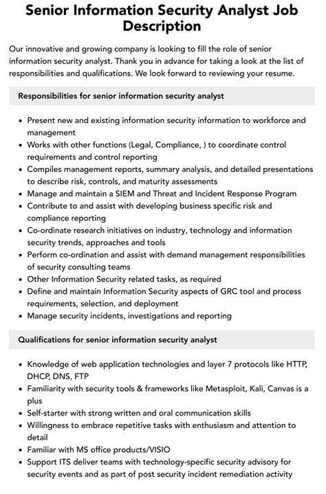 Senior Information Security Analyst Job Description Velvet Jobs