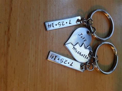 Hand Stamped Personalized Split Heart Keychain Couples